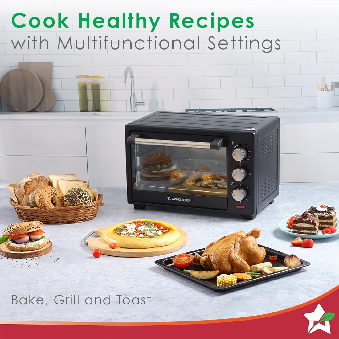 Wonderchef Oven Toaster Griller (OTG) - 19 litres, Black - with Auto-Shut Off, Heat-Resistant Tempered Glass, Multi-Stage Heat Selection | Bake, Grill, Roast | Easy clean
