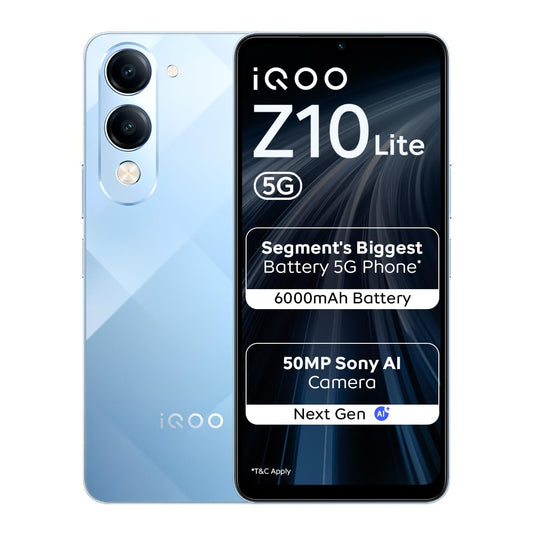 iQOO Z10 Lite 5G (Titanium Blue, 6GB RAM, 128GB Storage) | 6000 mAh Battery | Dimensity 6300 5G Processor with 433K+* AnTuTu Score | IP64 Rated & Military Grade Shock-Resistance*